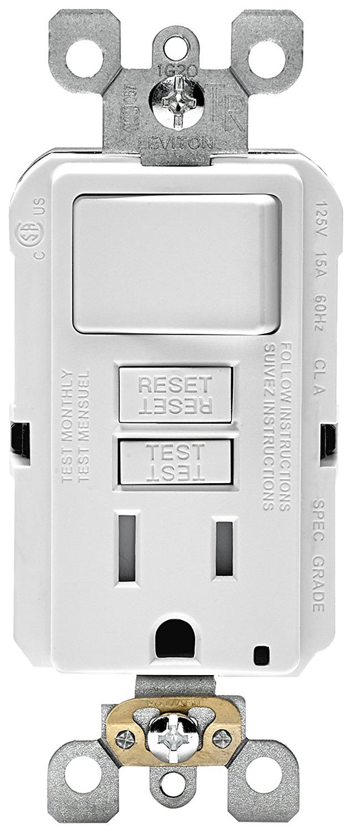 Leviton GFCI Outlet, 15A Smartlock Pro Slim GFCI Receptacle w/Switch, Self-Test, LED Indicator, 20A Feed - White